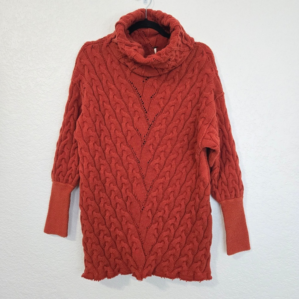 Free People Turtleneck Cable Knit Sweater Tunic‎ Orange XS